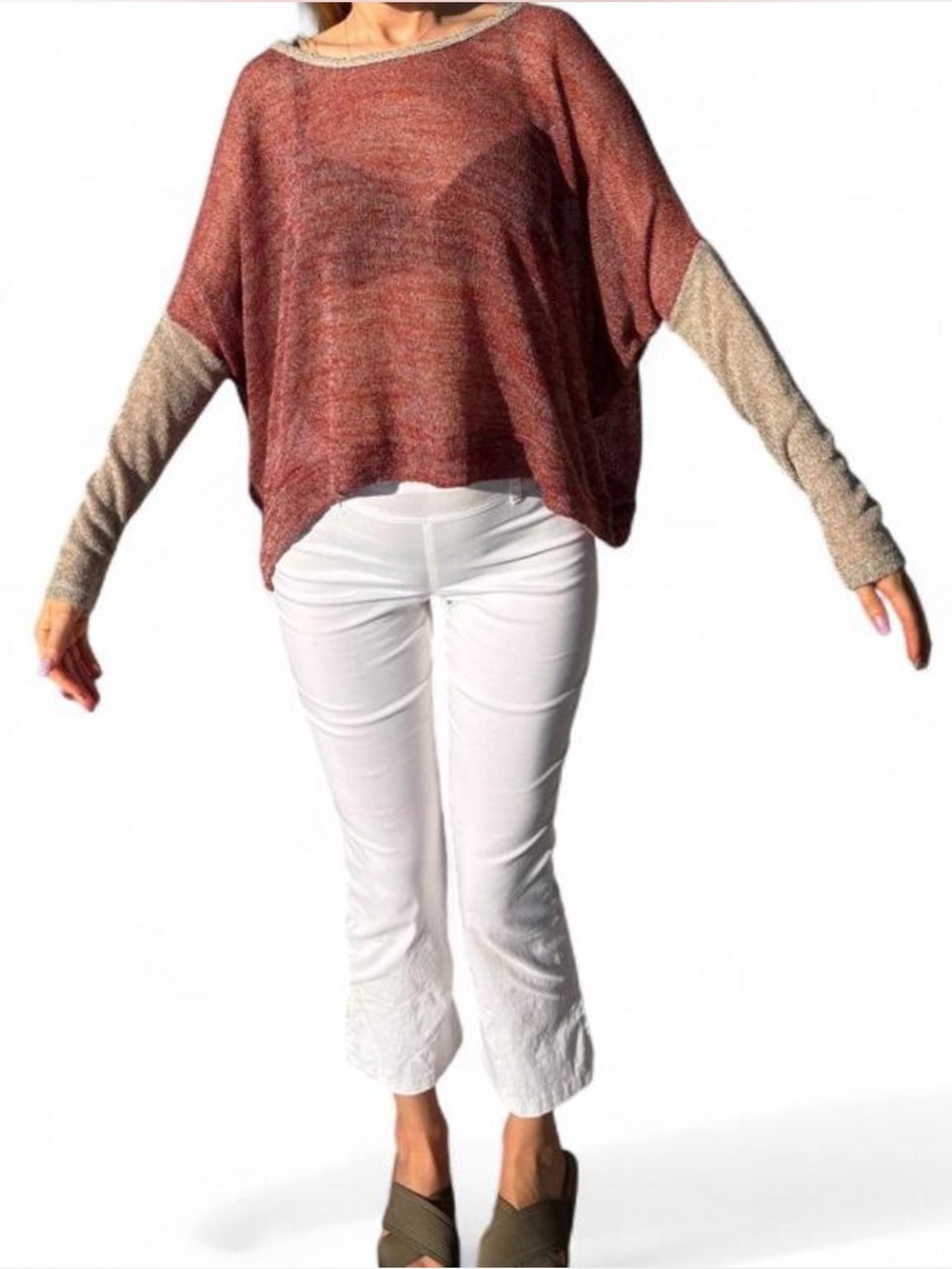 Y2K Sheer gauzy batwing two tone sweater relaxed fit boho poncho S Lagenlook - Picture 1 of 8
